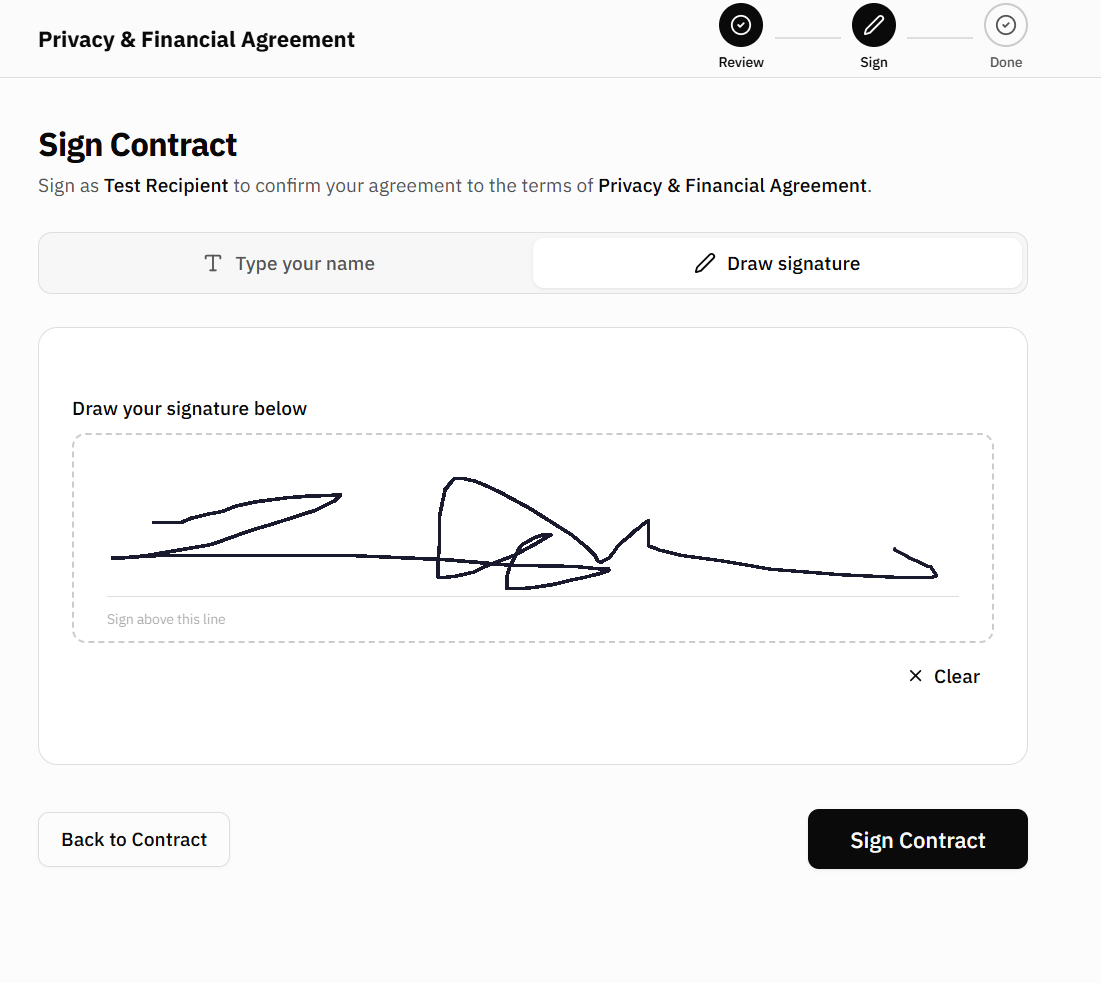 GetConsent contract signing screen for a Privacy and Financial Agreement, with typed or drawn signature and a review, sign, done progress indicator