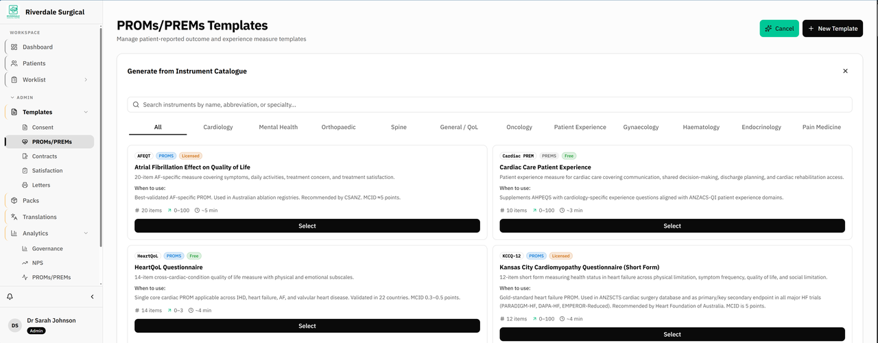 GetConsent instrument library showing 58 validated PROM and PREM instruments by specialty, with score ranges, licence status, and MCID