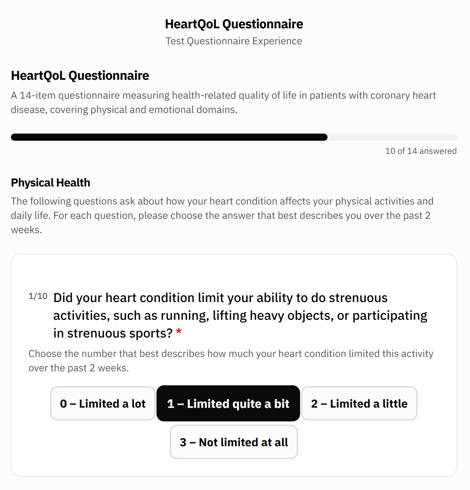 GetConsent patient PROMs questionnaire (HeartQoL) showing a plain-language question with a progress bar, completed on the patient's own device