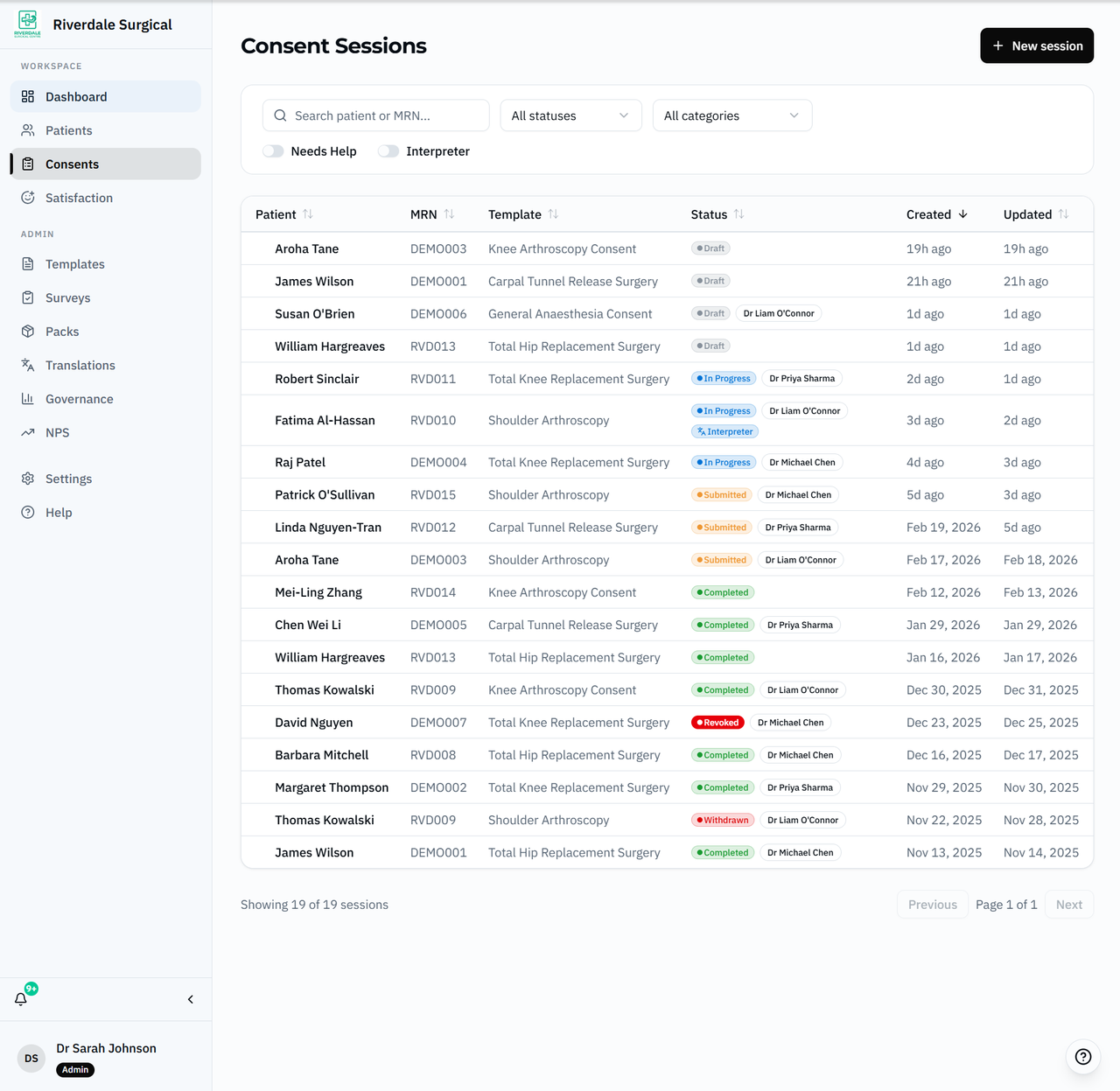 GetConsent session list showing patients and their status