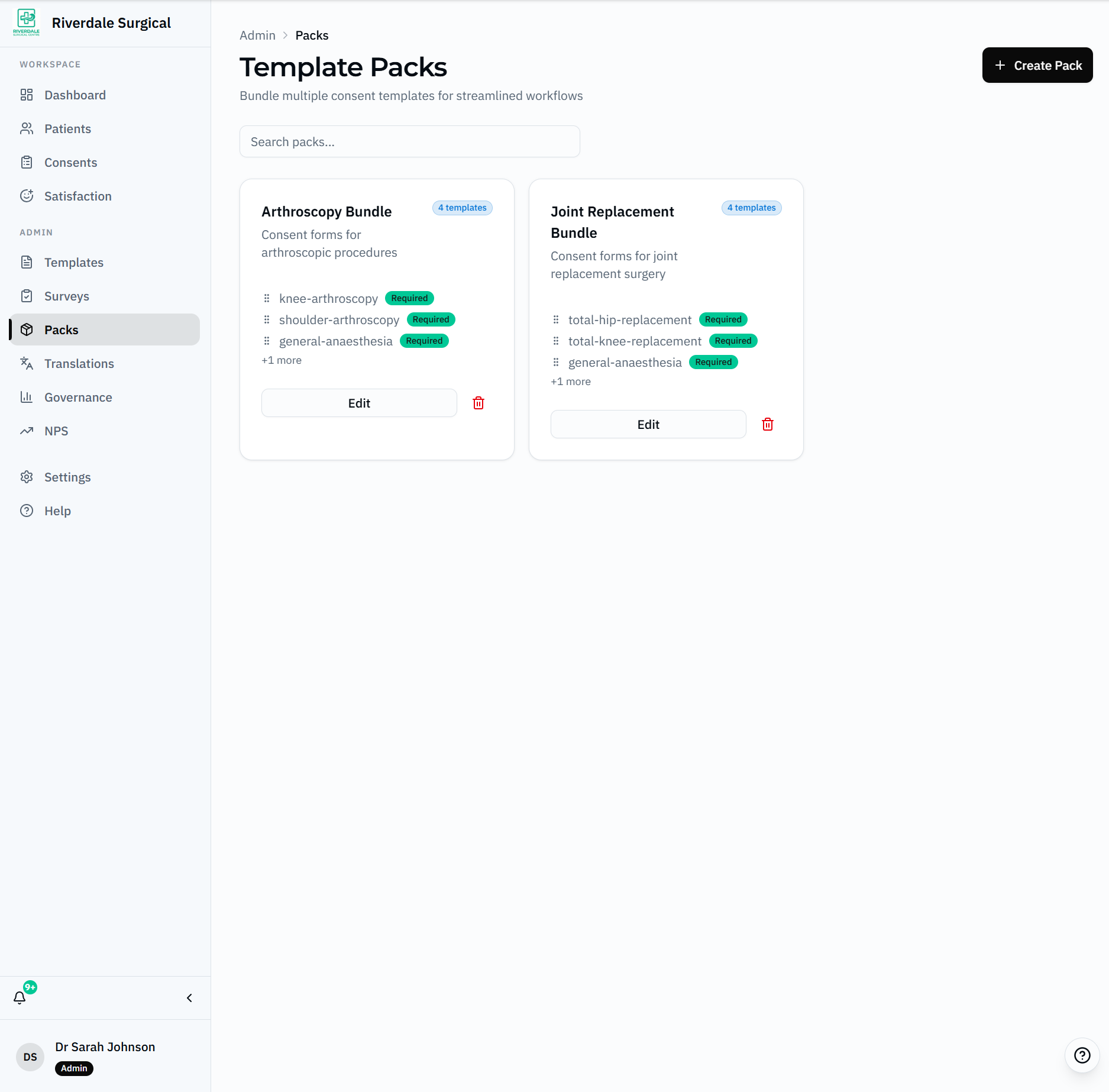 GetConsent template packs bundling consent, anaesthesia and financial documents