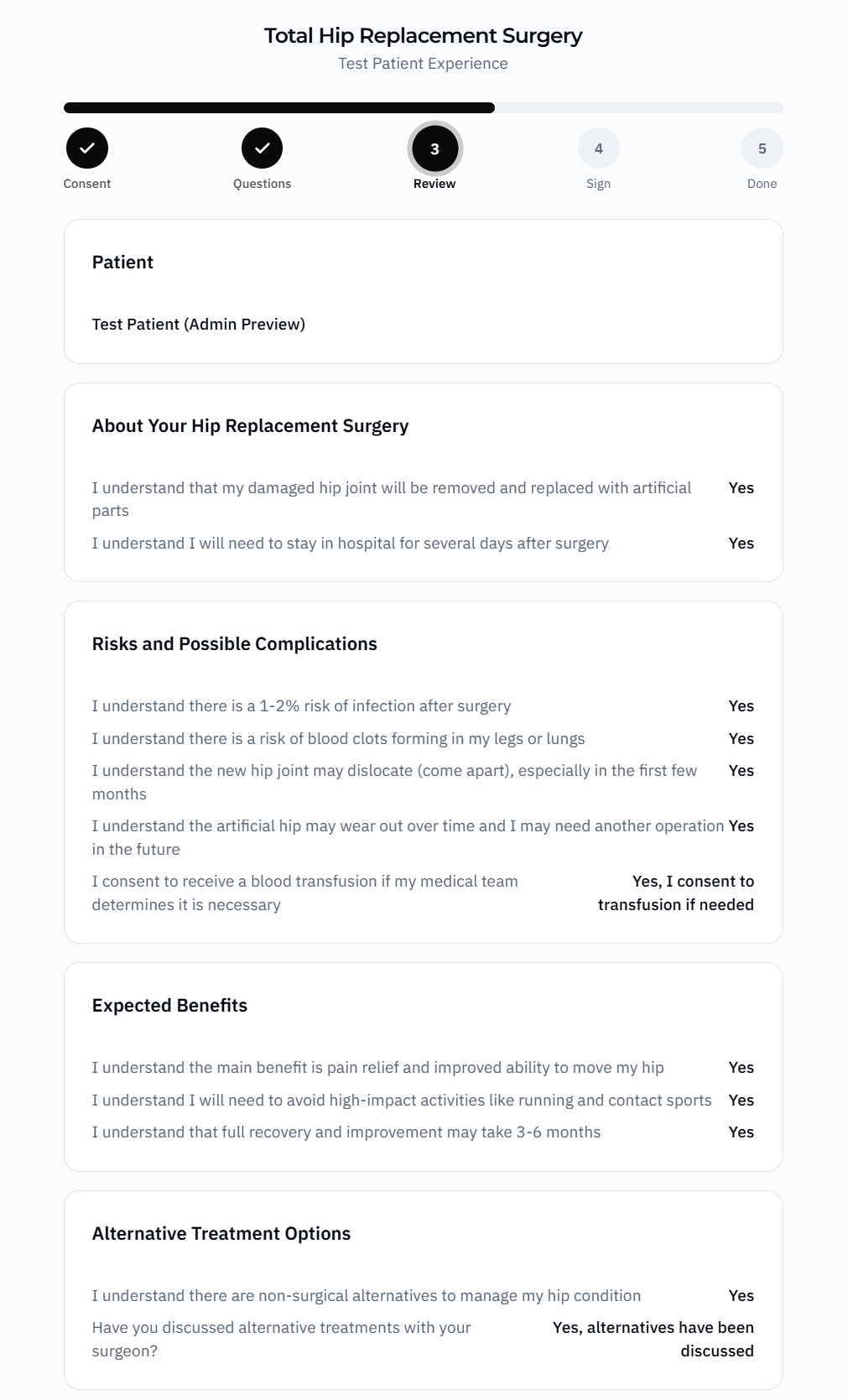 Patient consent review screen