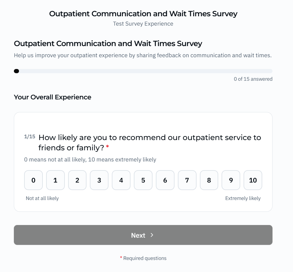 Patient satisfaction survey rating screen