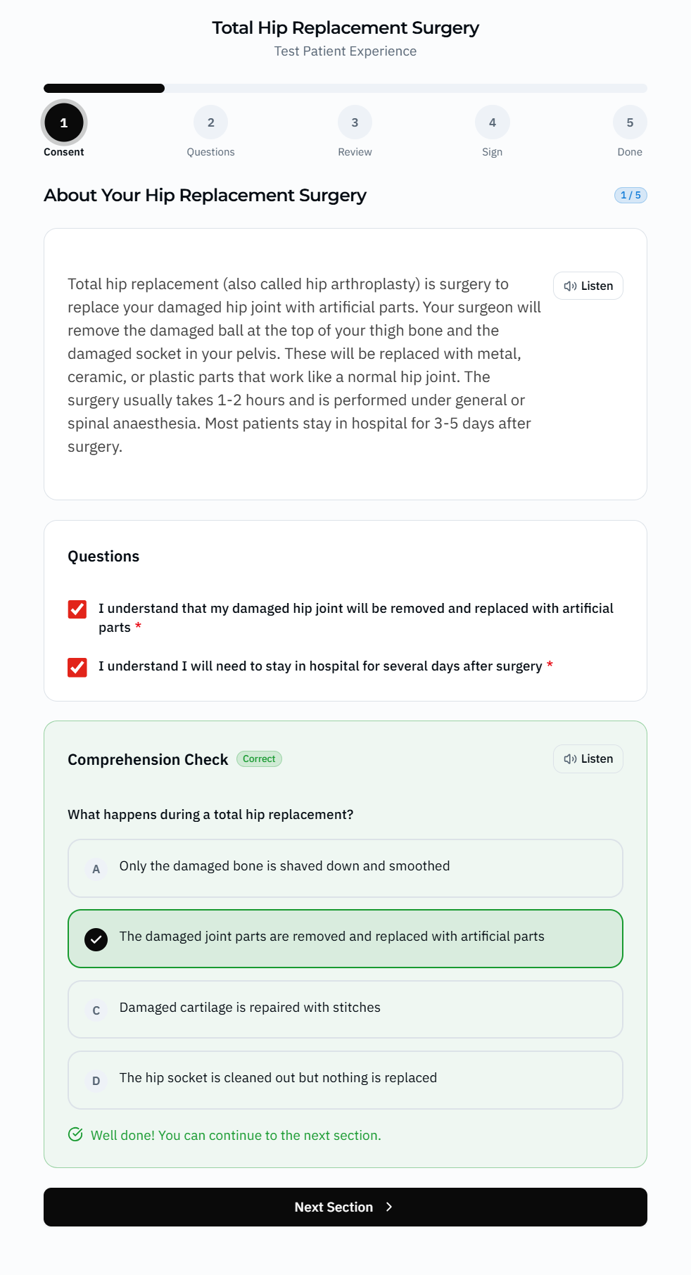 Patient consent evidence screen