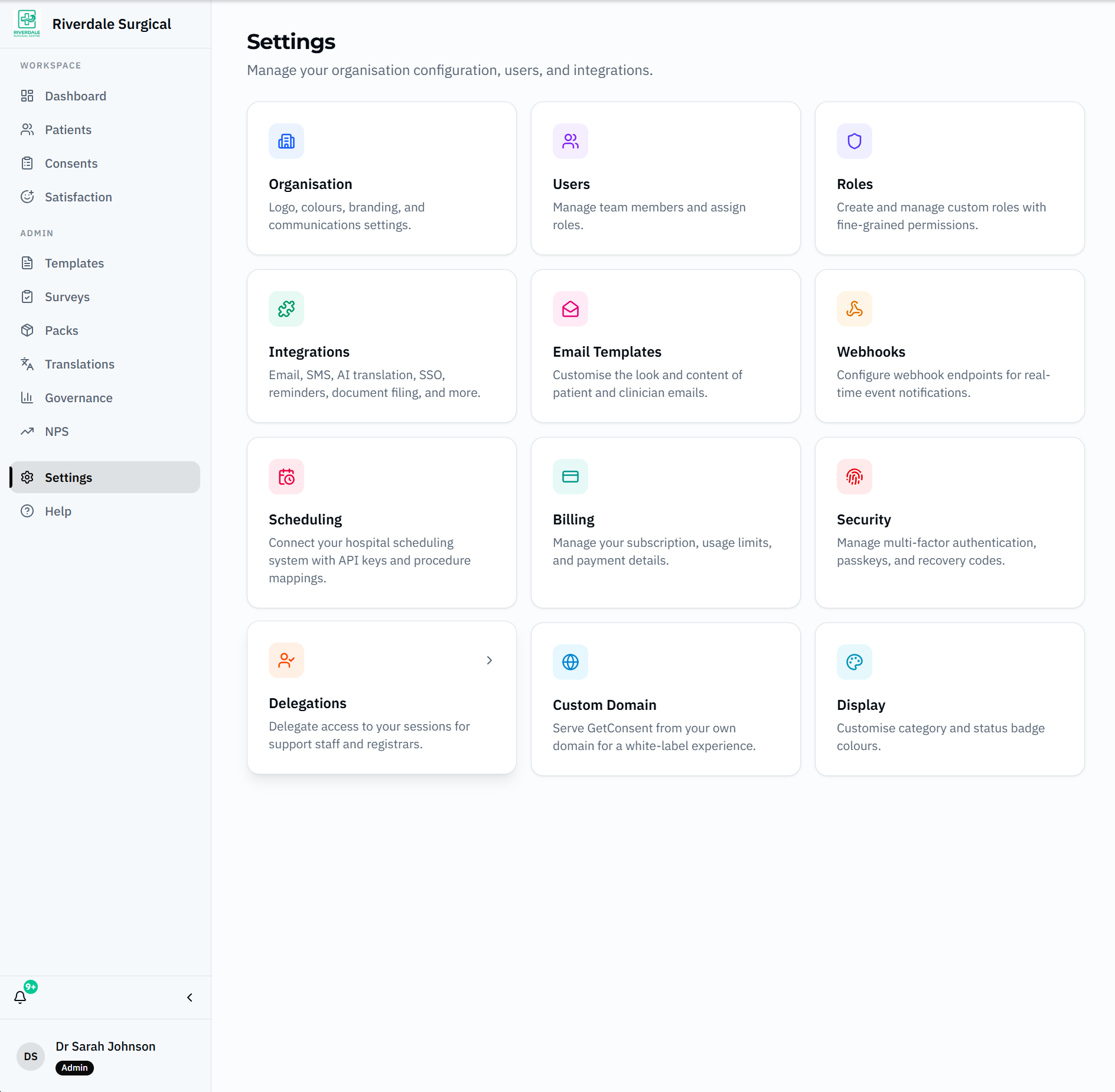 GetConsent Settings page showing Integrations, Webhooks, and Scheduling configuration for EMR and system connectivity