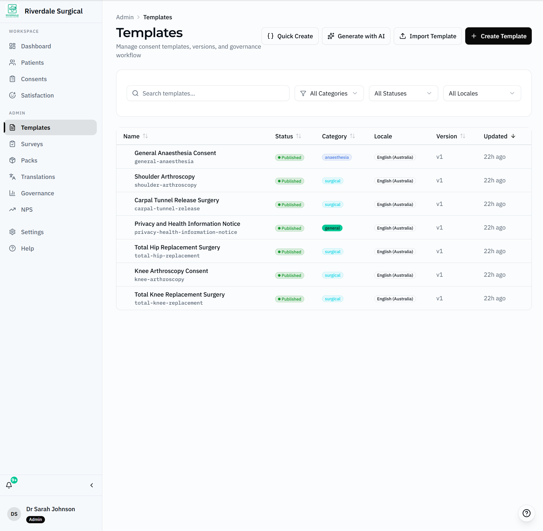 GetConsent Templates page showing Generate with AI button and published consent templates with governance status